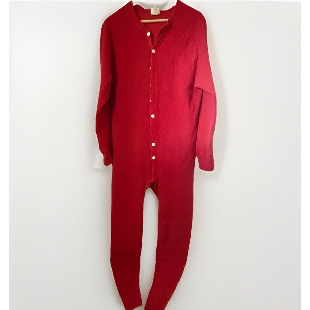 Vtg L.L. Bean Union Suit Mens Lg Red Cotton Wool Thermal Warm Hunting Outdoors
